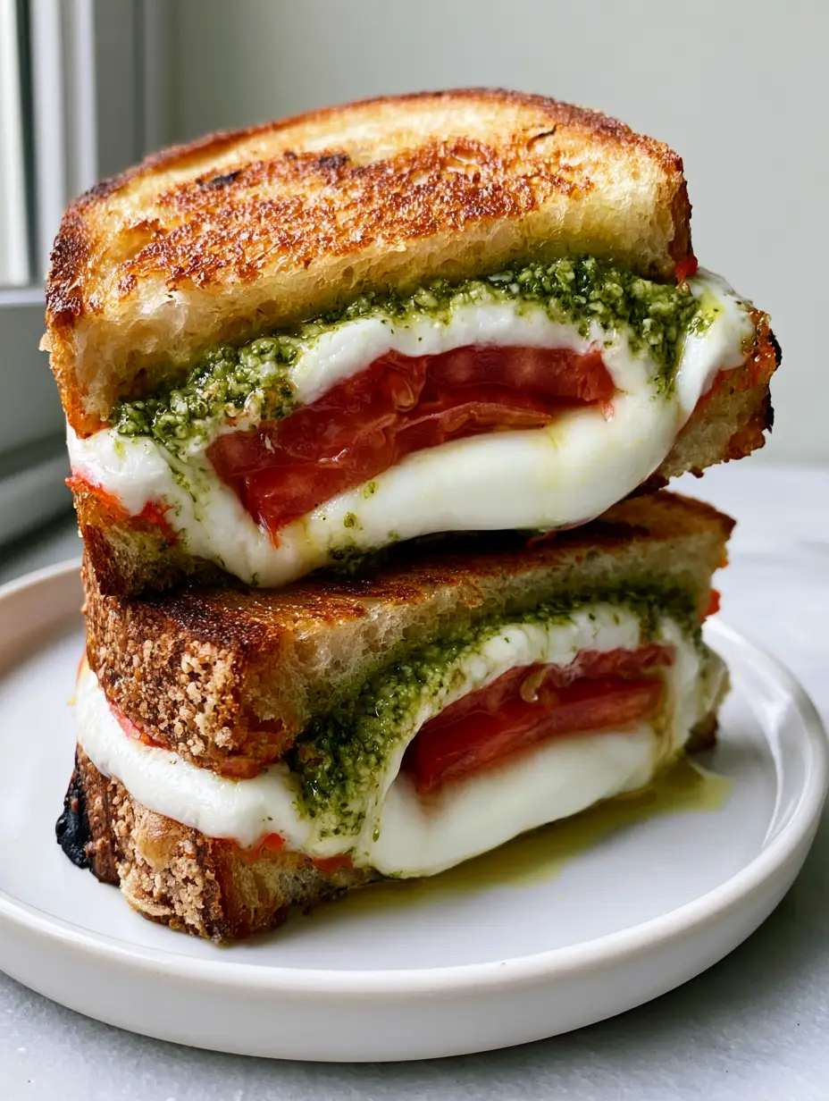 Tomato Pesto Grilled Cheese: The Ultimate Sourdough Caprese Melt 4 Close-up of toasted sourdough with golden brown crust and visible pesto oil. (Tomato Pesto Grilled Cheese)