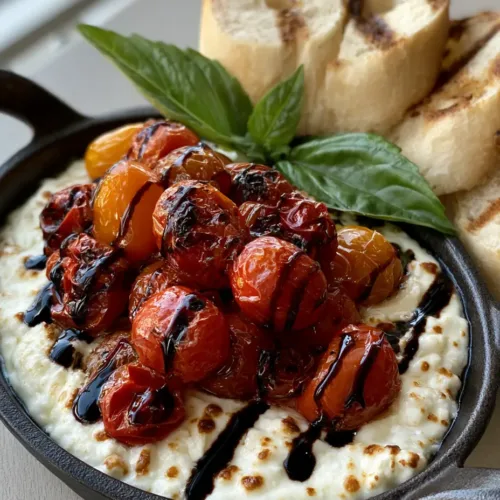 Three-Cheese Tomato Bruschetta Dip with Blistered Cherry Tomatoes