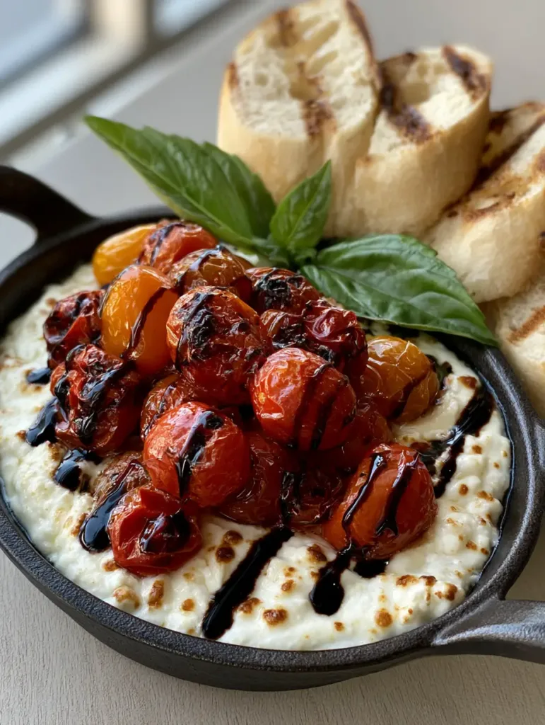 A top-down view of a warm Three-Cheese Tomato Bruschetta Dip in a black skillet with charred cherry tomatoes. (Three-Cheese Tomato Bruschetta Dip)