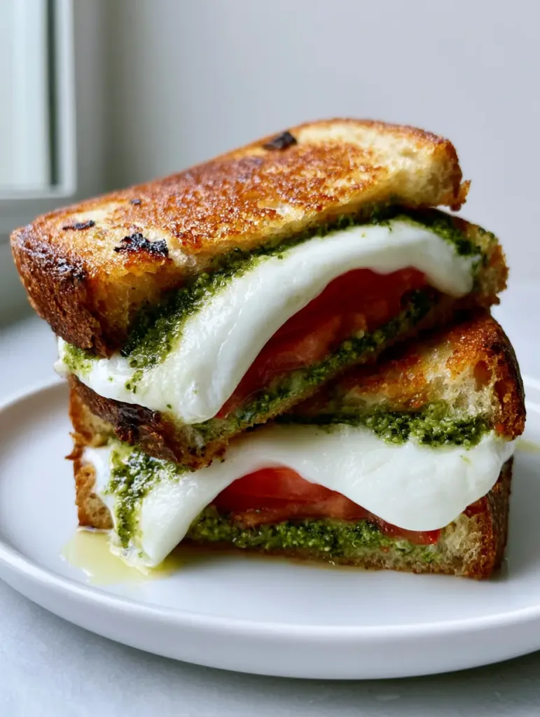 Tomato Pesto Grilled Cheese: The Ultimate Sourdough Caprese Melt 2 Inside view of a Tomato Pesto Grilled Cheese with melted mozzarella and red vine tomatoes.
