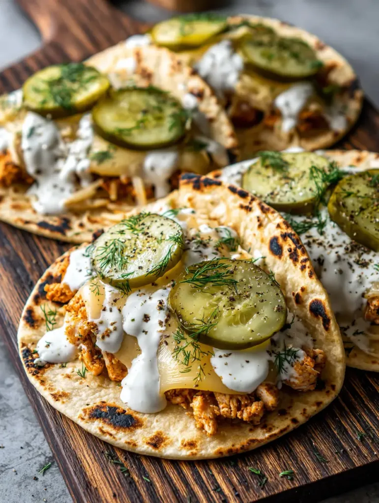 Overhead view of three Dill Pickle Ranch Chicken Tacos on a charred flour tortilla with melted cheese and mustard-seed pickles.