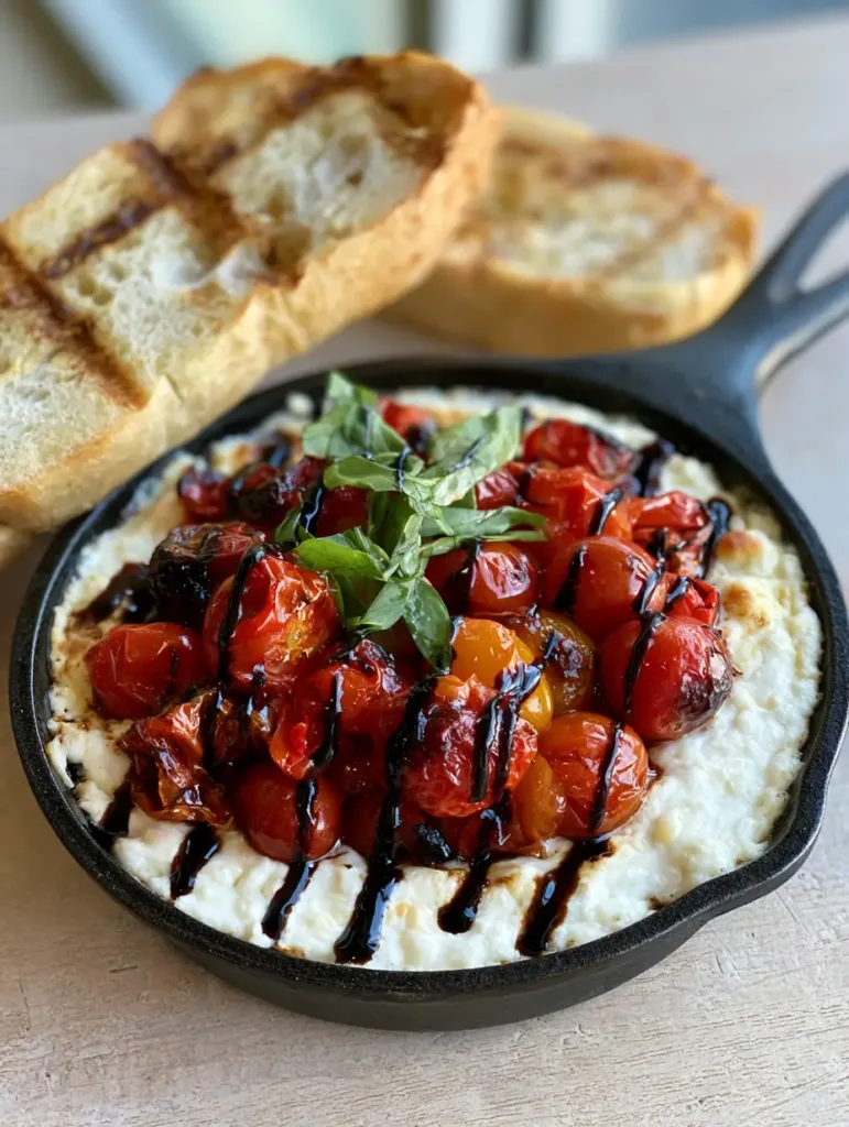 Handheld photo showing the bubbly mozzarella and whipped ricotta of the Three-Cheese Tomato Bruschetta Dip.