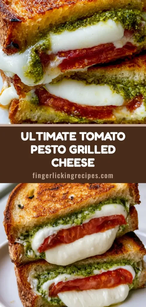 Tomato Pesto Grilled Cheese: The Ultimate Sourdough Caprese Melt 6 A stacked Tomato Pesto Grilled Cheese sandwich on a white plate, showing melted mozzarella and vibrant green pesto. (Tomato Pesto Grilled Cheese)