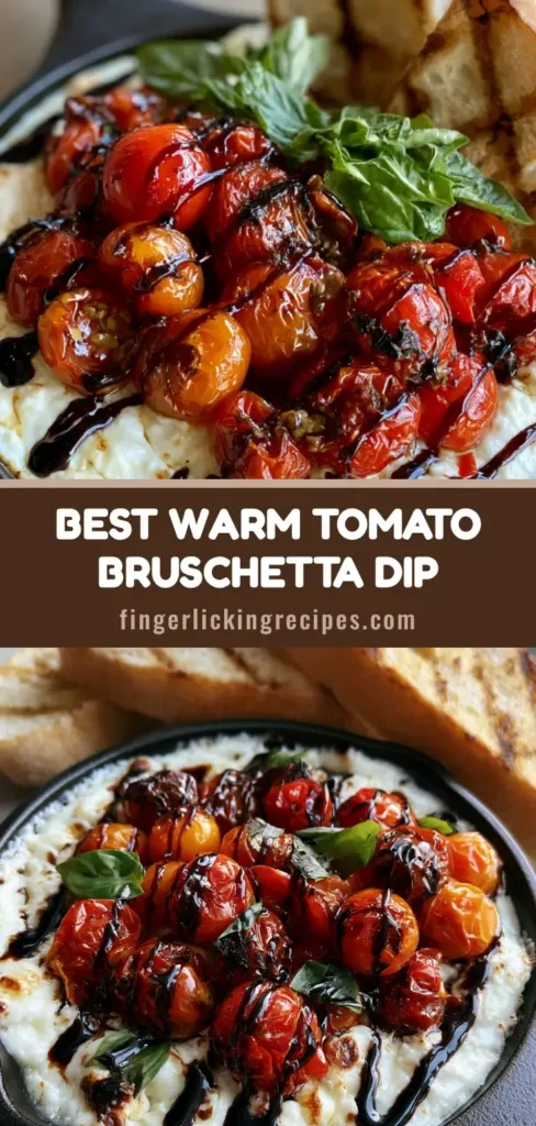 A close-up vertical shot of Three-Cheese Tomato Bruschetta Dip in a cast iron skillet with balsamic drizzle and fresh basil.