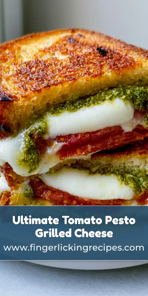 Tomato Pesto Grilled Cheese: The Ultimate Sourdough Caprese Melt 7 A stacked Tomato Pesto Grilled Cheese sandwich on a white plate, showing melted mozzarella and vibrant green pesto. (Tomato Pesto Grilled Cheese)