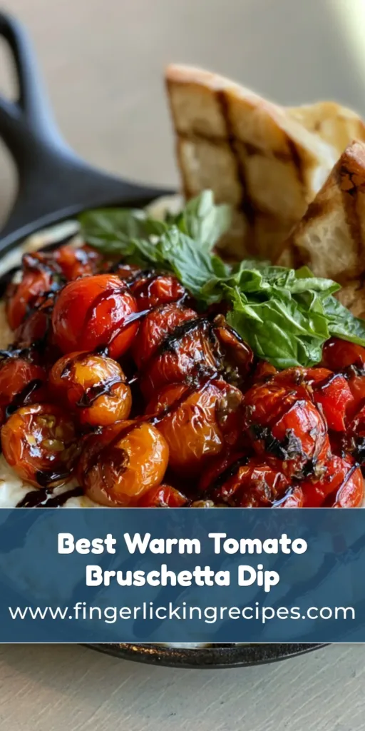 A close-up vertical shot of Three-Cheese Tomato Bruschetta Dip in a cast iron skillet with balsamic drizzle and fresh basil.