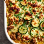 Close up of charred mozzarella cheese bubbling over Ground Turkey Zucchini Casserole.