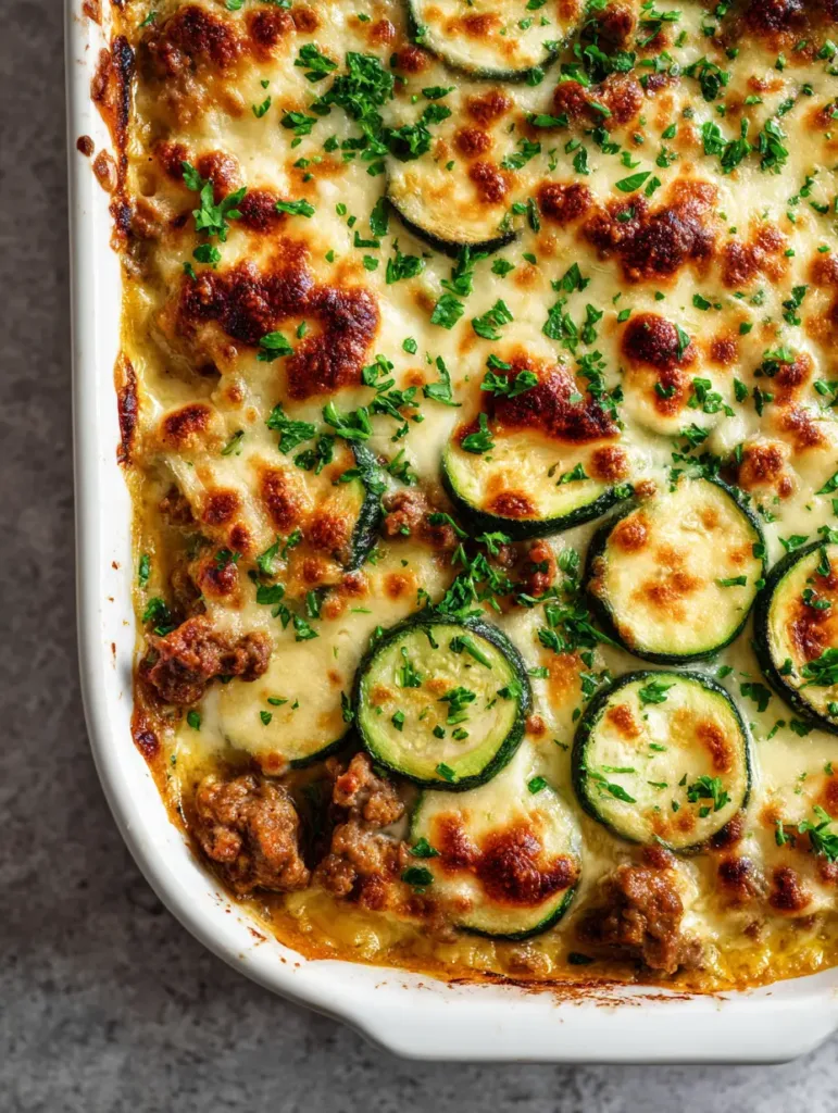 Close up of charred mozzarella cheese bubbling over Ground Turkey Zucchini Casserole.
