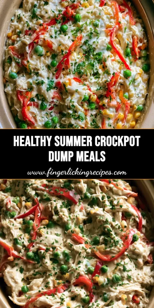 A beautiful Pinterest-style graphic featuring the Summer Crockpot Recipes with creamy chicken and vibrant vegetables in an oval slow cooker.