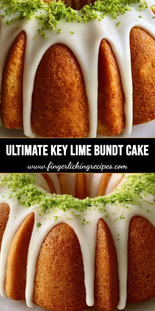 A professional shot of a golden-brown Key Lime Bundt Cake with thick white sugar glaze and vibrant green lime zest on a stone countertop.