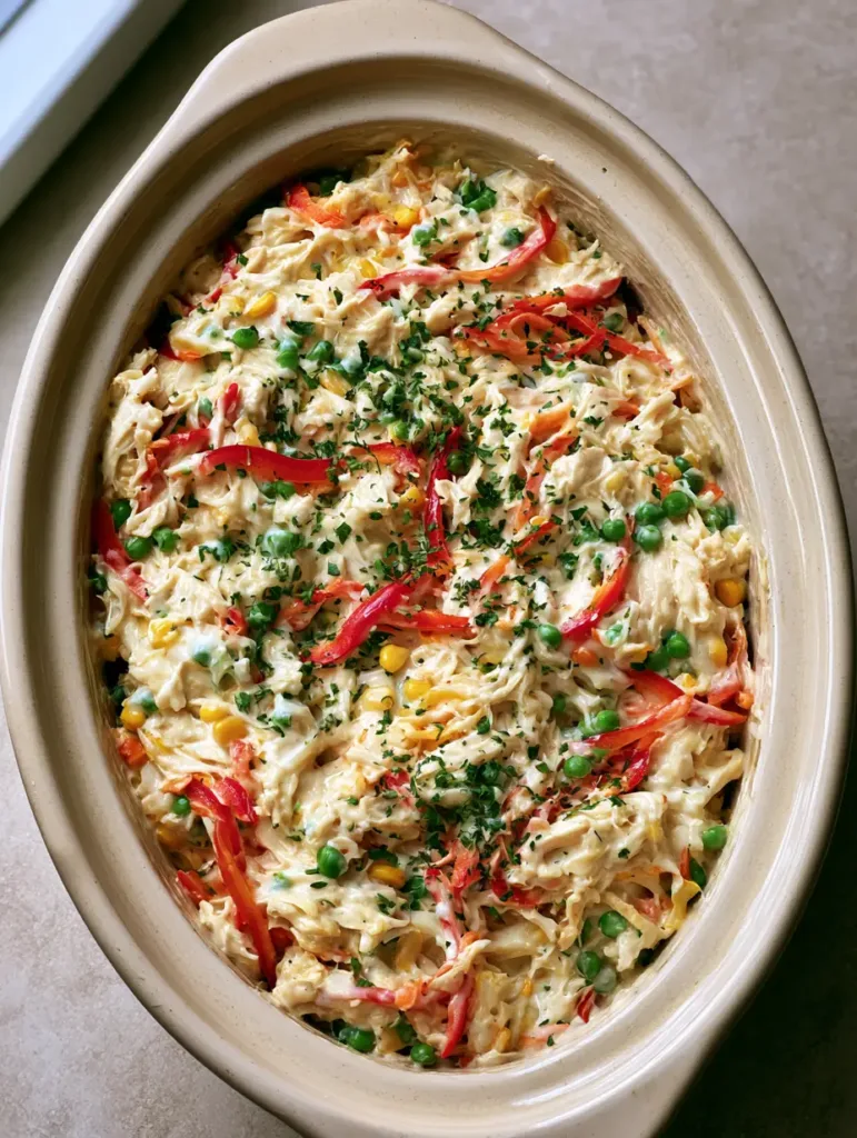 Top-down view of an oval ceramic slow cooker filled with shredded white meat chicken in a light creamy sauce with red peppers, green peas, and yellow corn. (Summer Crockpot Recipes)