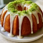 Overhead view of a whole Key Lime Bundt Cake featuring defined ridges and slow-moving drips of opaque white glaze.
