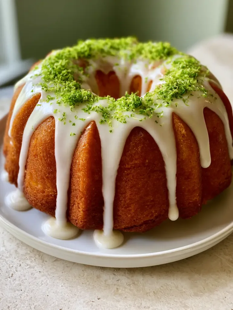 Overhead view of a whole Key Lime Bundt Cake featuring defined ridges and slow-moving drips of opaque white glaze.