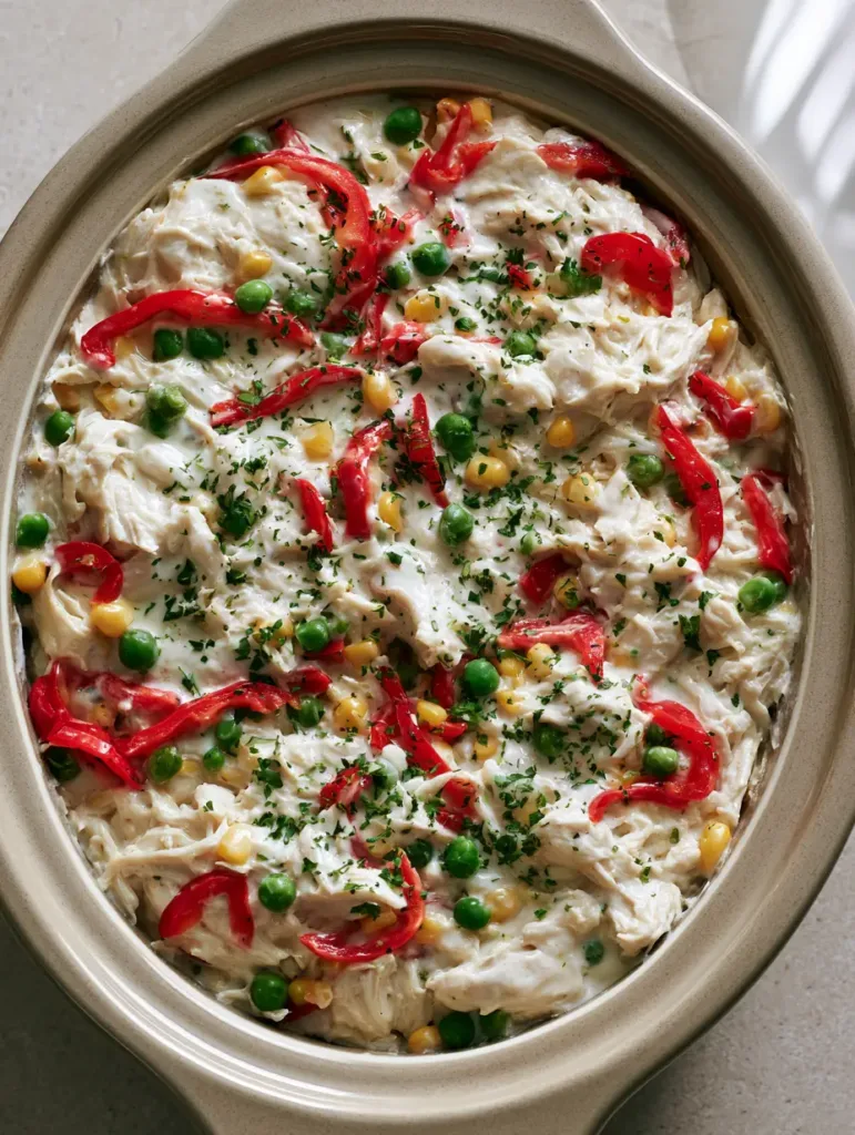 A close-up shot of steaming shredded chicken with red bell peppers and peas in a glossy white sauce inside a crockpot. (Summer Crockpot Recipes)