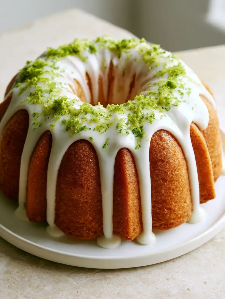 Side view of a sliced Key Lime Bundt Cake showing the tight-crumb texture and golden-brown exterior.