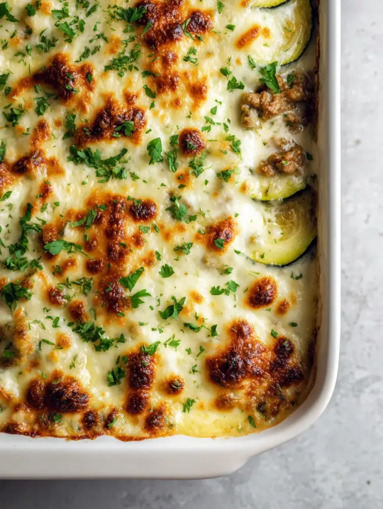 A serving of Ground Turkey Zucchini Casserole showing turkey crumbles and zucchini half-moons.