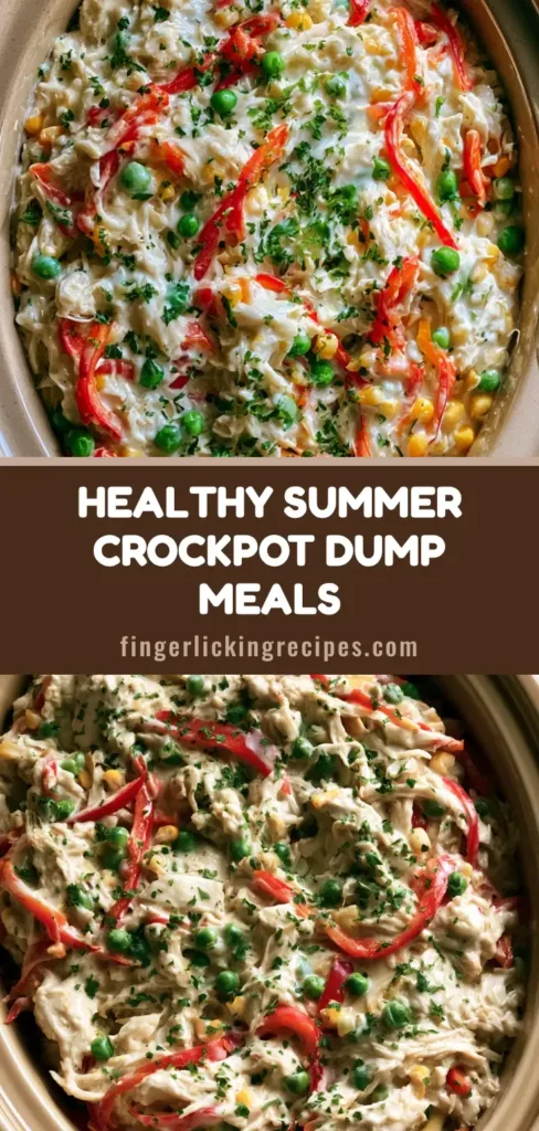 A beautiful Pinterest-style graphic featuring the Summer Crockpot Recipes with creamy chicken and vibrant vegetables in an oval slow cooker.