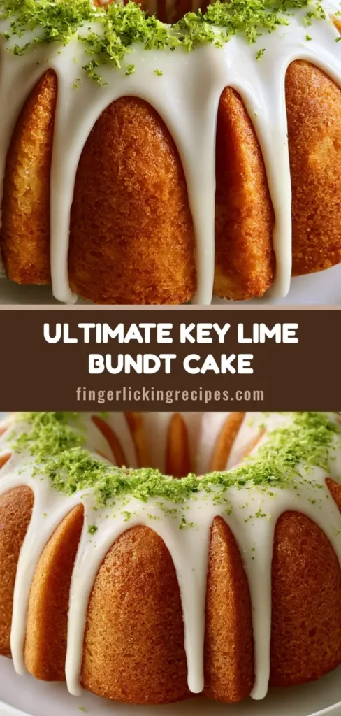 A professional shot of a golden-brown Key Lime Bundt Cake with thick white sugar glaze and vibrant green lime zest on a stone countertop.