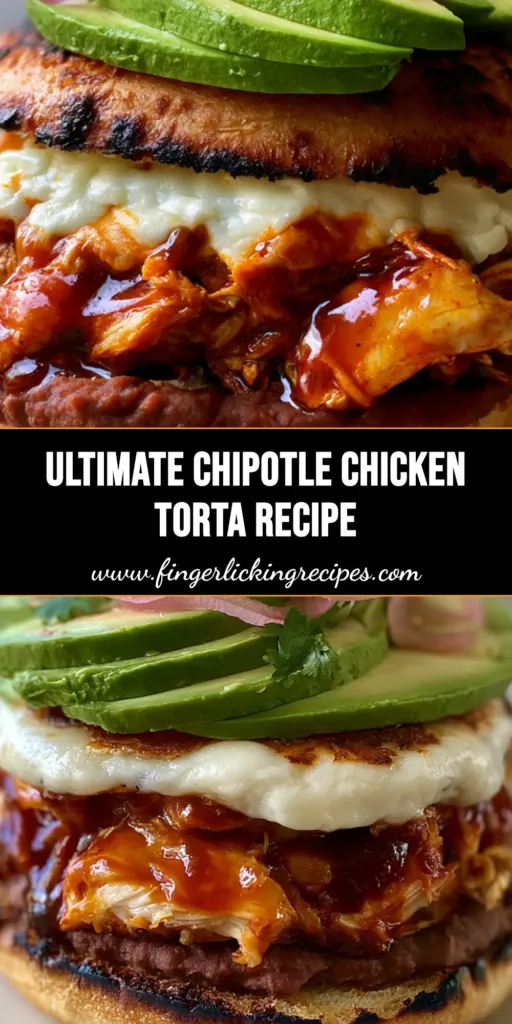 Chipotle Chicken Torta Recipe: The Ultimate Mexican Street Food Experience 5 A towering Chipotle Chicken Torta with melted Oaxaca cheese, glossy adobo chicken, and vibrant avocado on a charred telera roll.