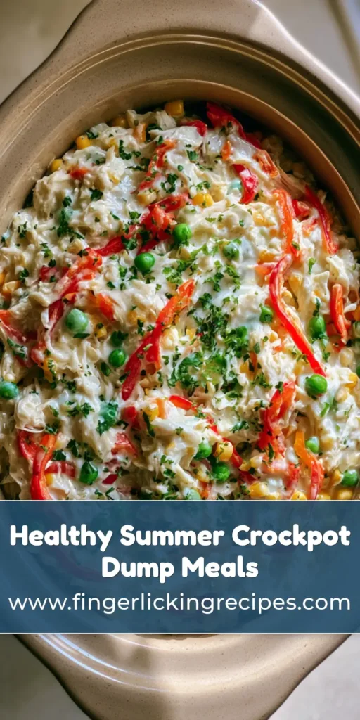 A beautiful Pinterest-style graphic featuring the Summer Crockpot Recipes with creamy chicken and vibrant vegetables in an oval slow cooker.