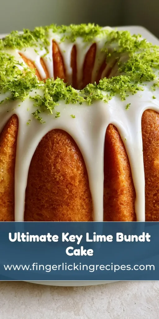 A professional shot of a golden-brown Key Lime Bundt Cake with thick white sugar glaze and vibrant green lime zest on a stone countertop.