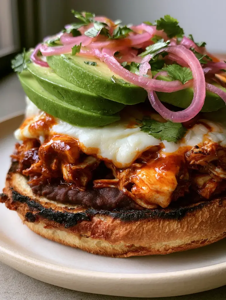 Chipotle Chicken Torta Recipe: The Ultimate Mexican Street Food Experience 3 Close-up of shredded chicken drenched in glossy orange-red chipotle sauce inside a Chipotle Chicken Torta.