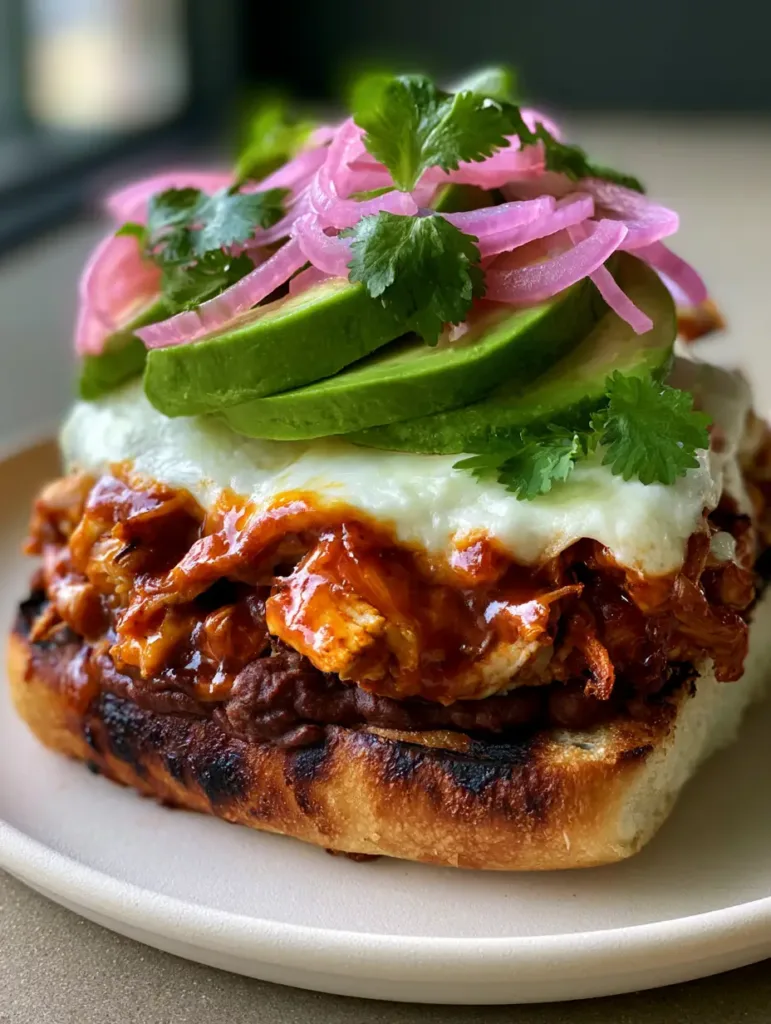 Chipotle Chicken Torta Recipe: The Ultimate Mexican Street Food Experience 2 Top view of a Chipotle Chicken Torta showing pickled red onions and fresh cilantro leaves.