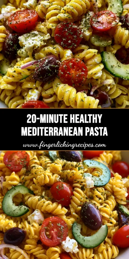 A minimalist white bowl filled with Mediterranean Pasta Salad showing rotini pasta, whole kalamata olives, and feta cheese on a stone countertop.