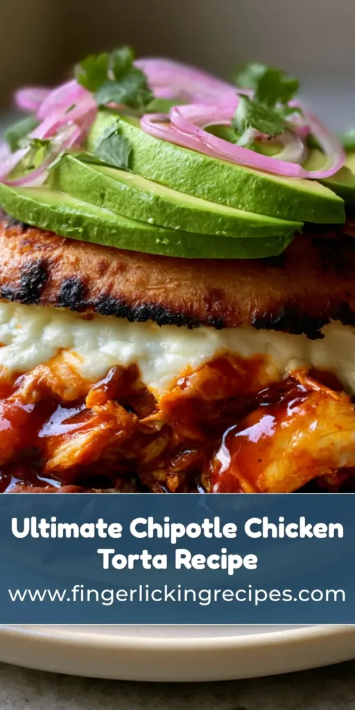 Chipotle Chicken Torta Recipe: The Ultimate Mexican Street Food Experience 7 A towering Chipotle Chicken Torta with melted Oaxaca cheese, glossy adobo chicken, and vibrant avocado on a charred telera roll.