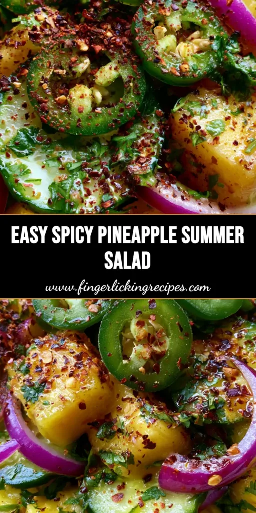 Spicy Pineapple Cucumber Salad with Fresh Jalapeño and Lime 4 An overhead extreme close-up of Spicy Pineapple Cucumber Salad featuring large golden pineapple cubes, green jalapeños, and red onion slivers in a light bowl.