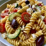 Overhead view of a Mediterranean Pasta Salad with rotini spirals, bright red cherry tomatoes, and green cucumber slices in a white bowl.