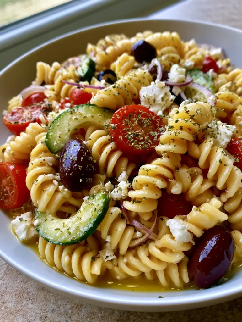 Overhead view of a Mediterranean Pasta Salad with rotini spirals, bright red cherry tomatoes, and green cucumber slices in a white bowl.