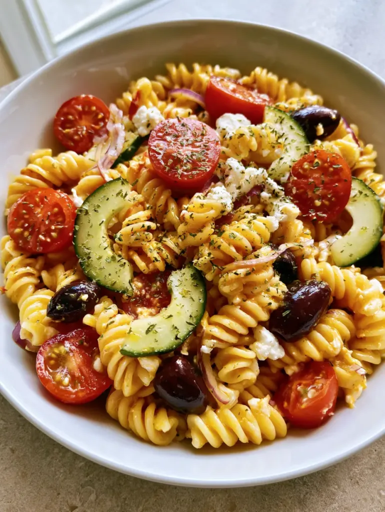 Close up of glossy Mediterranean Pasta Salad highlighting the texture of the rotini and the crumbled feta cheese.