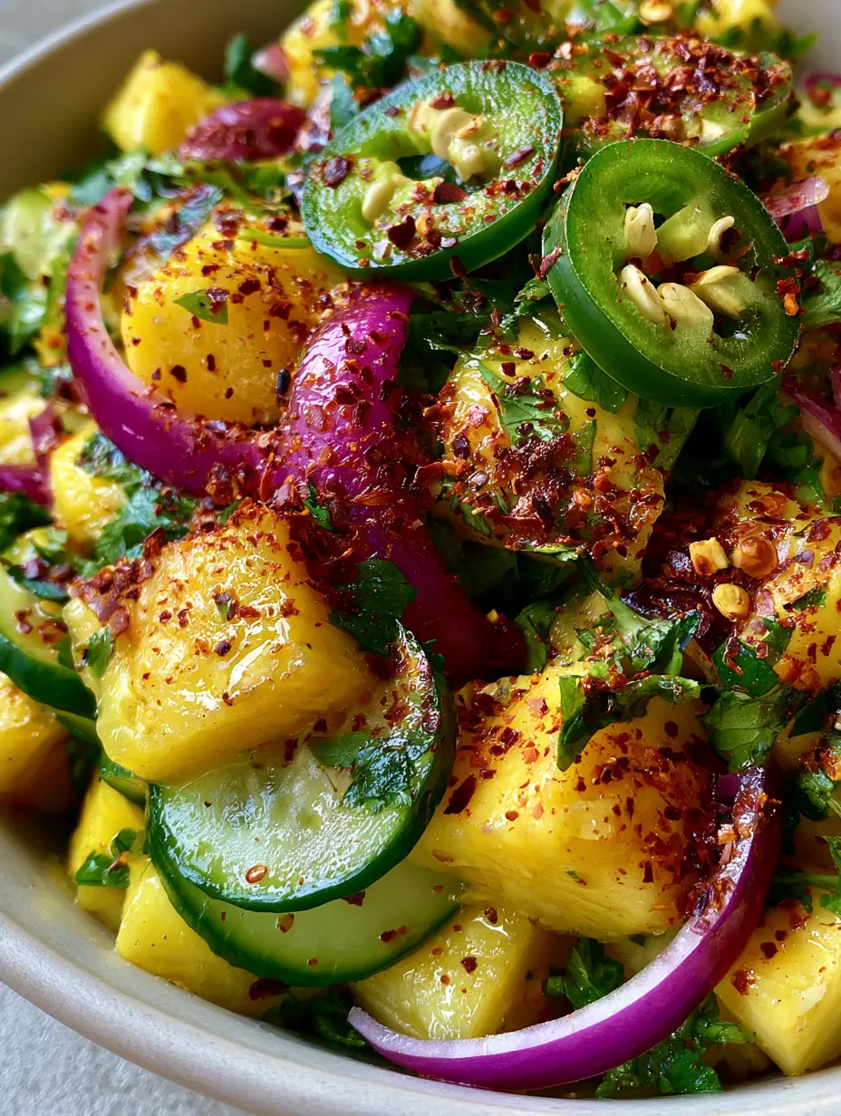 Spicy Pineapple Cucumber Salad with Fresh Jalapeño and Lime 5 Vibrant Spicy Pineapple Cucumber Salad with golden pineapple, unpeeled cucumber rounds, and purple onion with a glossy citrus sheen.