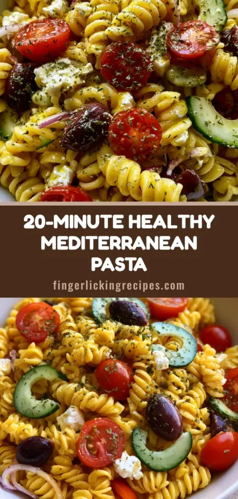 A minimalist white bowl filled with Mediterranean Pasta Salad showing rotini pasta, whole kalamata olives, and feta cheese on a stone countertop.