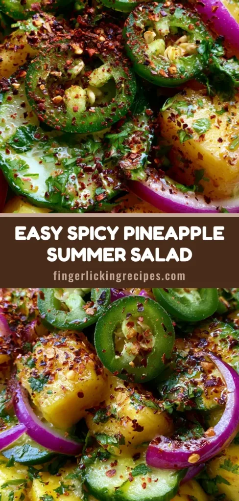 Spicy Pineapple Cucumber Salad with Fresh Jalapeño and Lime 6 An overhead extreme close-up of Spicy Pineapple Cucumber Salad featuring large golden pineapple cubes, green jalapeños, and red onion slivers in a light bowl.