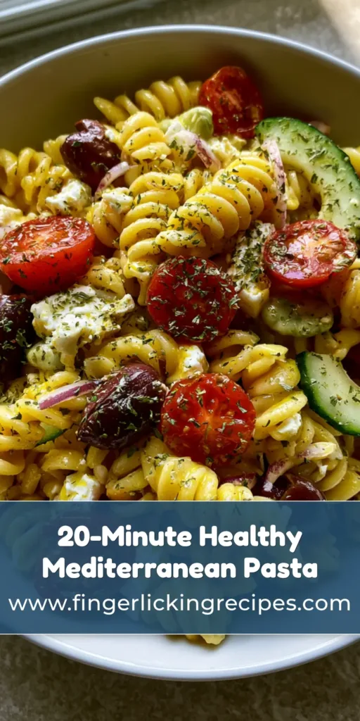 A minimalist white bowl filled with Mediterranean Pasta Salad showing rotini pasta, whole kalamata olives, and feta cheese on a stone countertop.