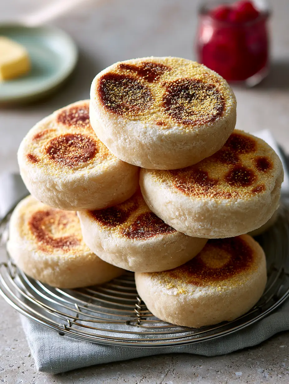 Homemade English Muffins: The Ultimate Guide to Nooks and Crannies 5 Close-up of five Homemade English Muffins with pale creamy dough and irregular golden toasted patterns on a stone countertop.