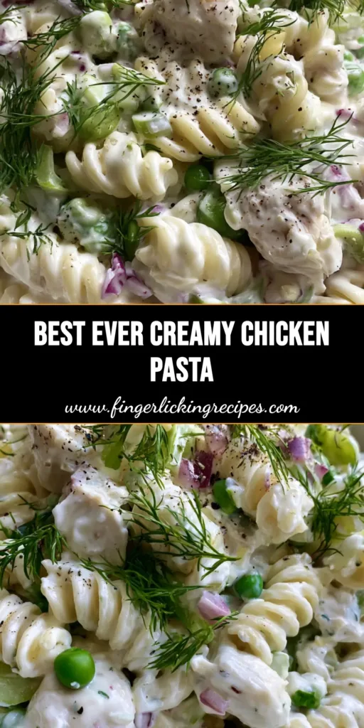 A handheld smartphone photo of a white ceramic bowl filled with a Creamy Chicken Pasta Salad garnished with fresh dill.