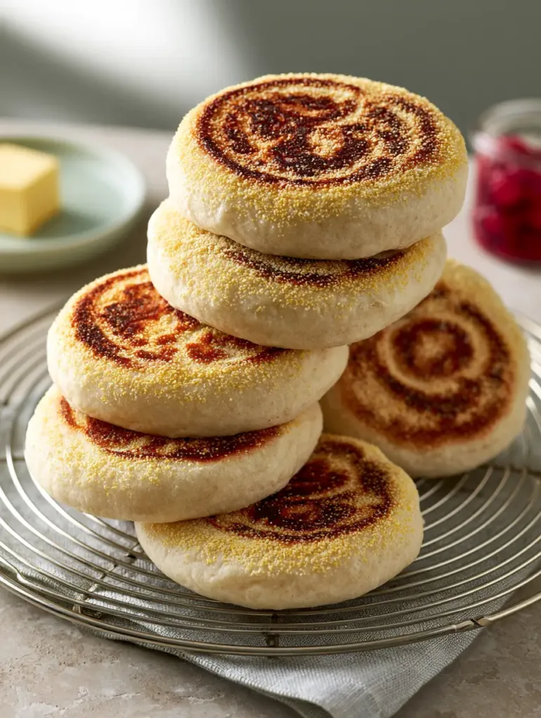 Homemade English Muffins: The Ultimate Guide to Nooks and Crannies 2 Artisanal Homemade English Muffins resting on a linen towel next to a jar of red fruit preserves and a pat of butter.