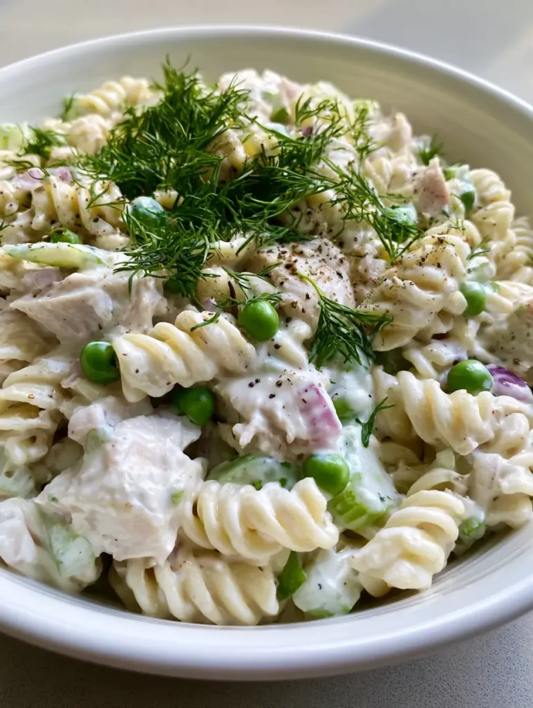 Close-up view of Creamy Chicken Pasta Salad showing the thick velvety dressing and bright green peas.