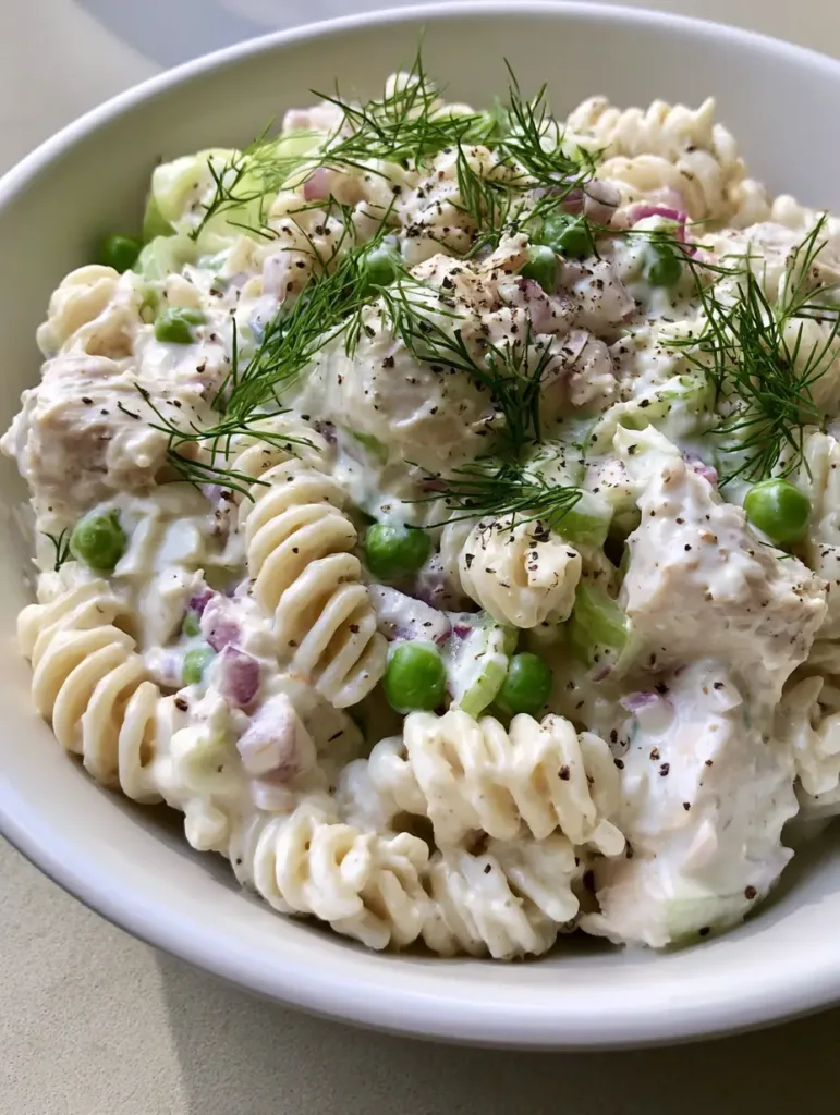 A ceramic bowl of Creamy Chicken Pasta Salad in natural daylight featuring shredded chicken and sliced celery.