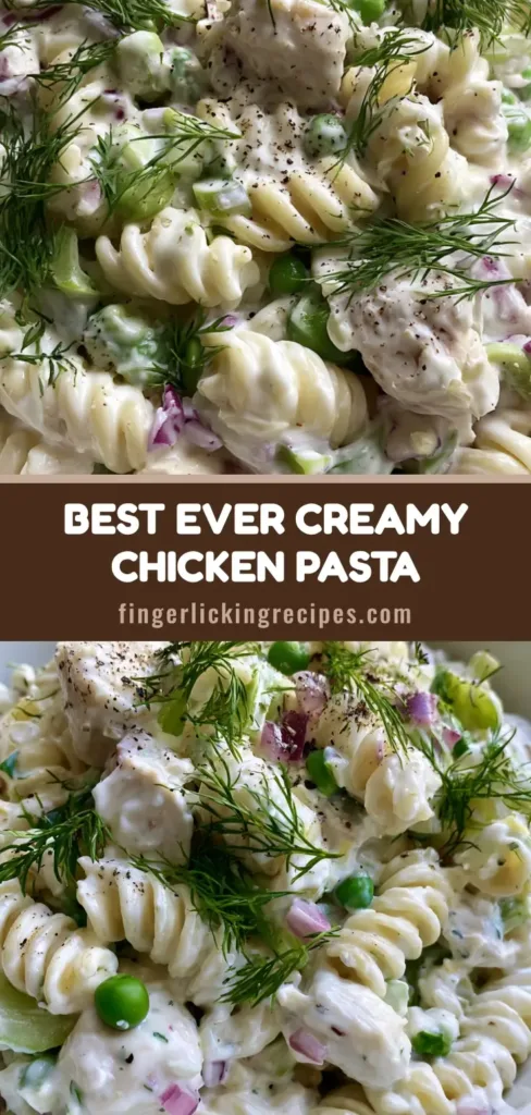 A handheld smartphone photo of a white ceramic bowl filled with a Creamy Chicken Pasta Salad garnished with fresh dill.
