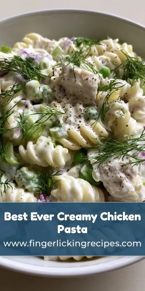 A handheld smartphone photo of a white ceramic bowl filled with a Creamy Chicken Pasta Salad garnished with fresh dill.
