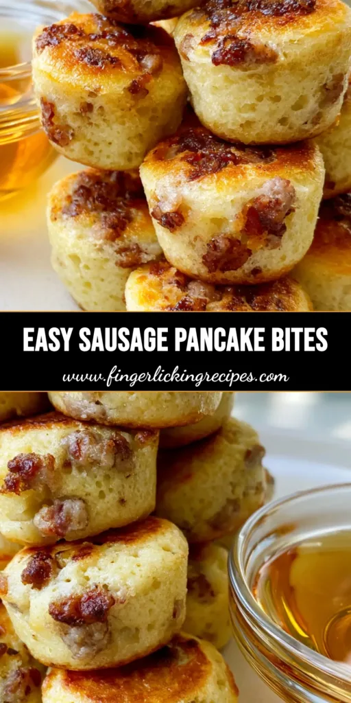 A tall stack of golden-brown Sausage Pancake Muffins served with a side of amber maple syrup on a neutral background.