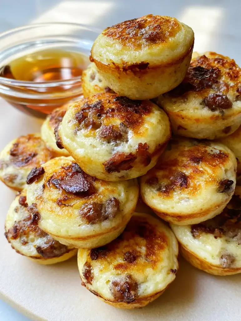 Close-up of mini pancake muffins showing soft porous texture and embedded browned sausage crumbles.