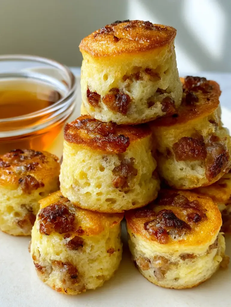 A stack of mini pancake muffins next to a glass bowl of translucent amber maple syrup.