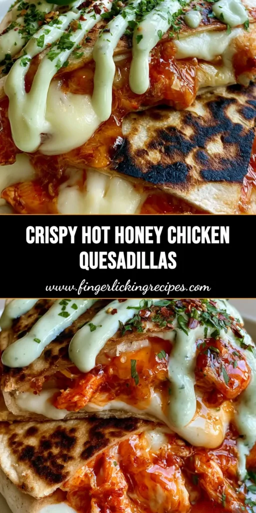Hot Honey Chicken Quesadillas with Creamy Jalapeno Sauce 5 A stack of sliced Hot Honey Chicken Quesadillas on a white plate with visible hot honey glaze and creamy jalapeno sauce.