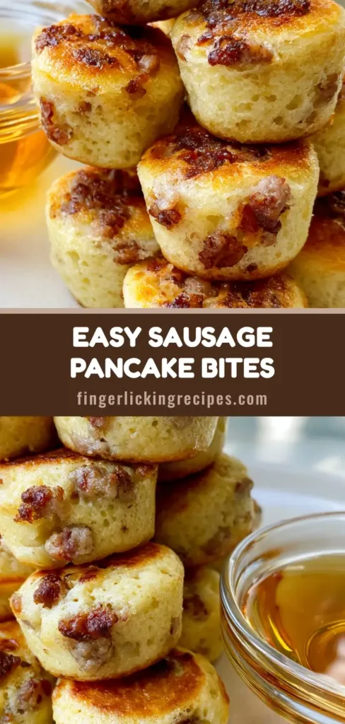 A tall stack of golden-brown Sausage Pancake Muffins served with a side of amber maple syrup on a neutral background.