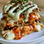 Close up of a stack of Hot Honey Chicken Quesadillas with charred spots and oozing Monterey Jack cheese.